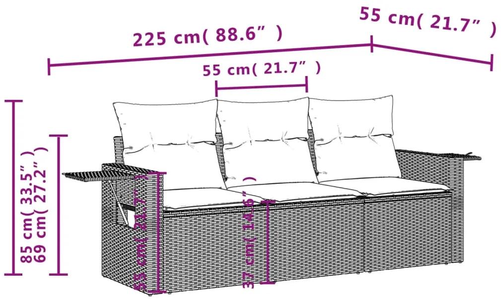 3 pcs conjunto sofás de jardim com almofadões vime PE castanho