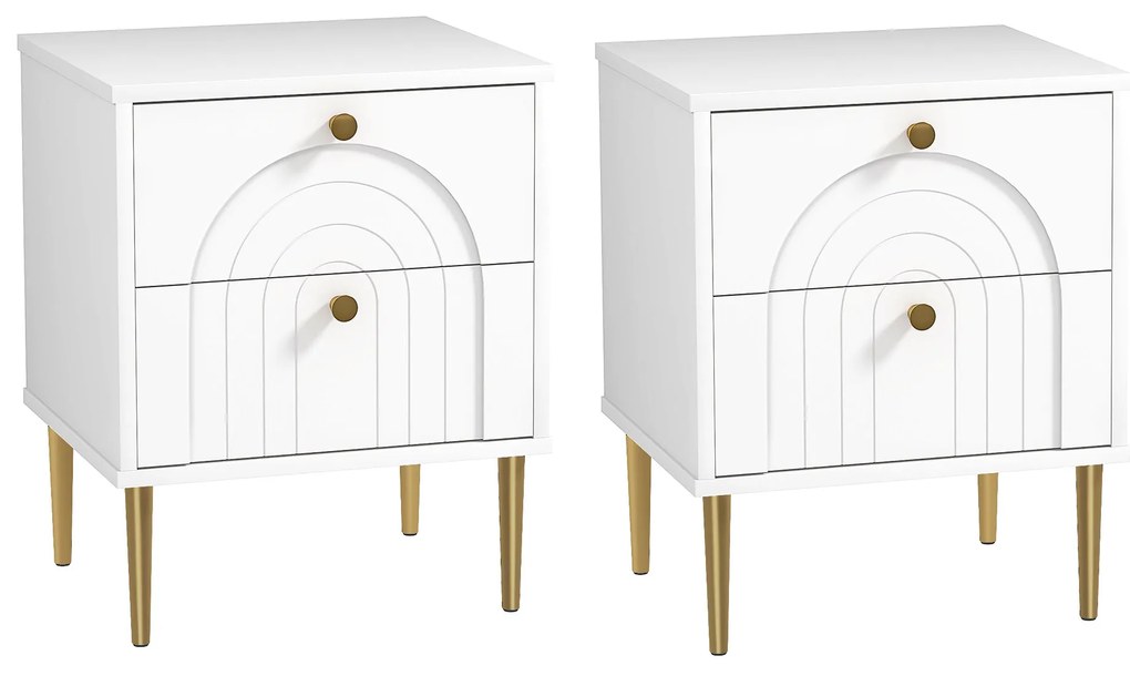 HOMCOM Conjunto de 2 Mesas de Cabeceira com 2 Gavetas e Pés de Aço Estilo Moderno 40x35x50 cm Branco | Aosom Portugal