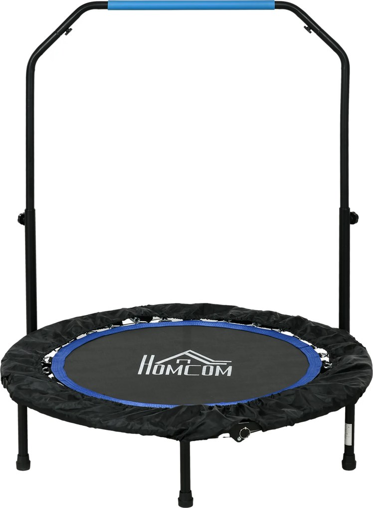 Trampolim de fitness e ginástica com pega ajustável, dobrável, 6 pés, 28 molas, Ø 102 cm, preto e azul