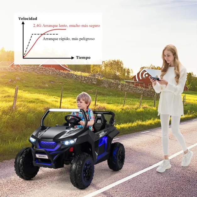 Carro elétrico infantil a bateria com 2 lugares 12 V com controle remoto 2.4G Música em alta / baixa velocidade 3 a 8 anos 118 x 74 x 71 cm Preto