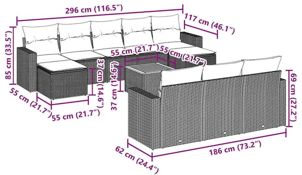 11 pcs conjunto sofás de jardim c/ almofadões vime PE preto