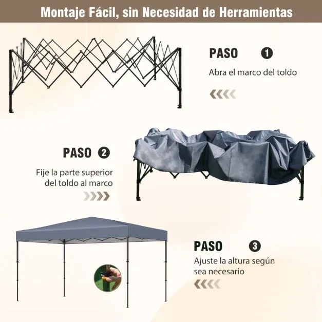 Tenda Pop Up, Jardim, Festas, eventos 360 x 220 x 240-270 cm com Bolsa de Transporte 9 Estacas 4 Cordas de Vento Cinzenta