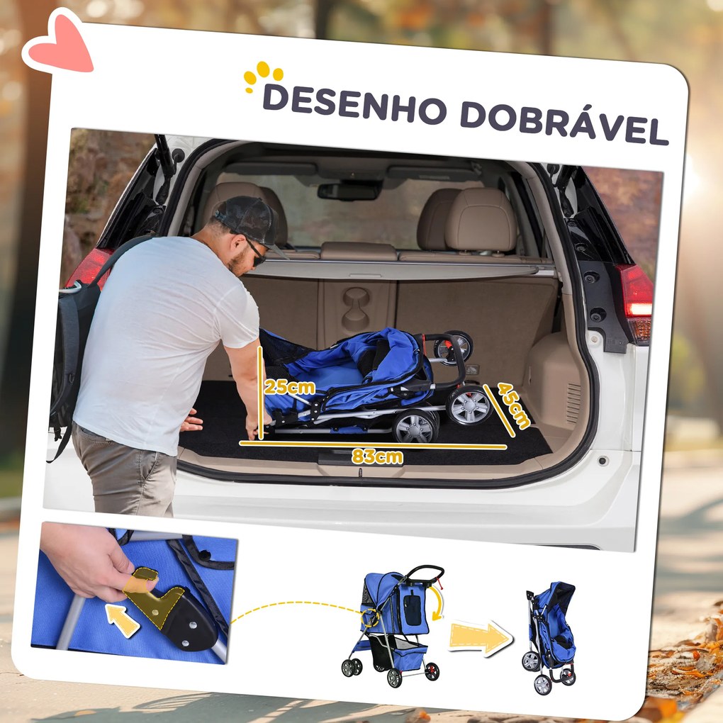 Carrinho de Passeio para Animais de Estimação Dobrável com Cesta de Armazenamento e Travão 75x45x97cm Azul