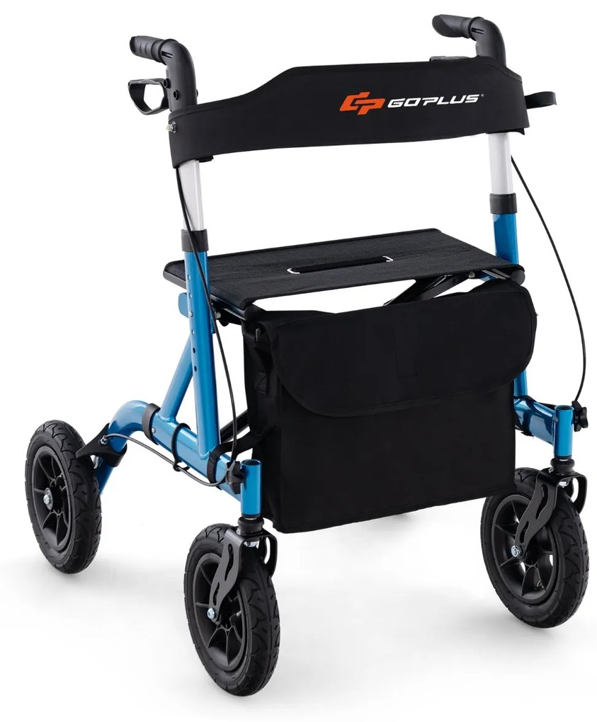 Andarilho dobrável para idosos com assento 24 cm Rodas pneumáticas todo-o-terreno Saco de arrumação Carga 160 kg Azul