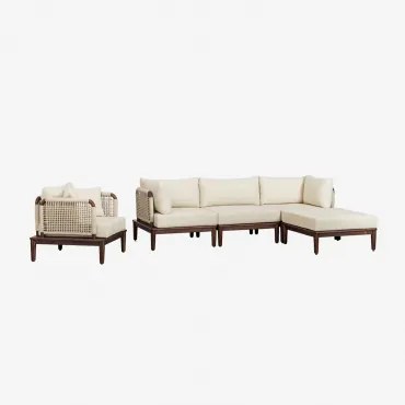 Conjunto De Jardim Com Sofá Modular De 3 Peças Com 2 Poltronas De Canto, Puff E Poltrona Em Acácia Giulia Castanho-acácia Escuro - Sklum