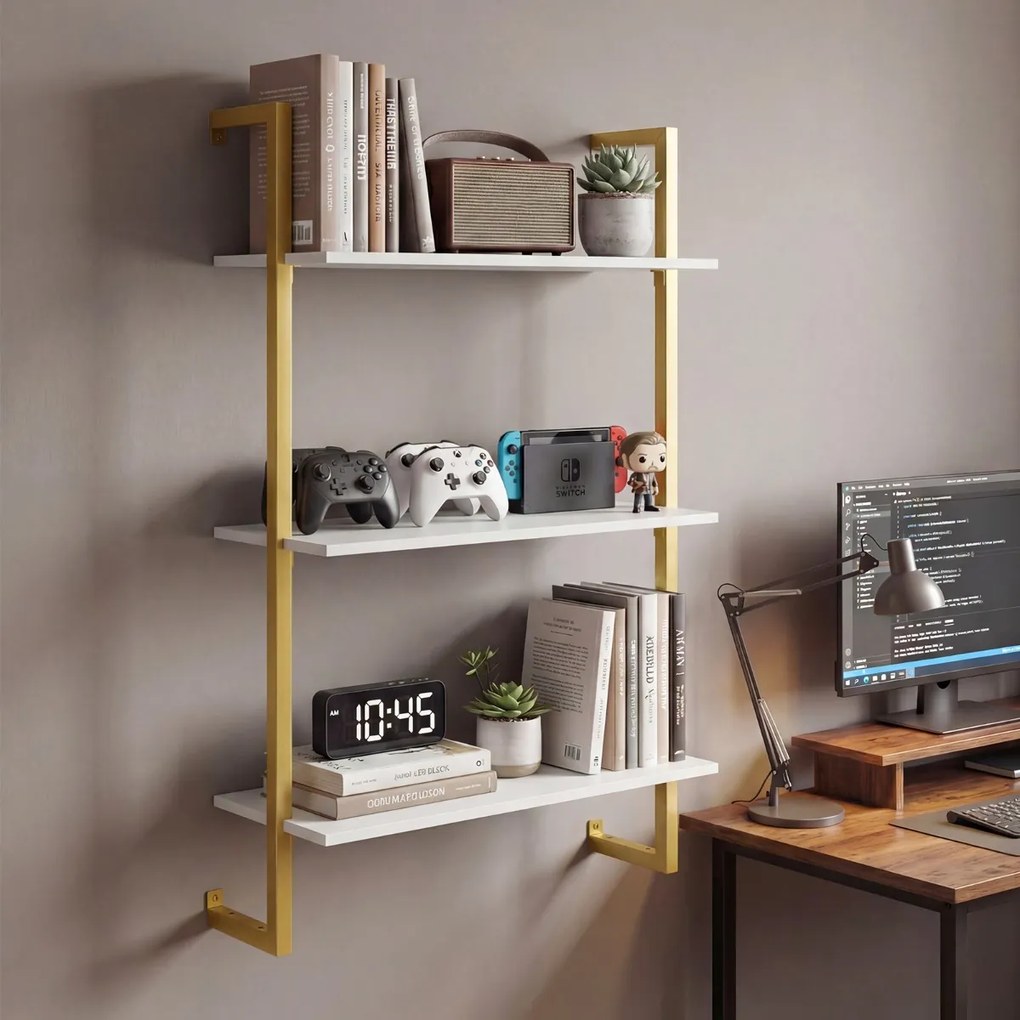 Prateleira suspensa 53 x 23 x 90 cm de 3 níveis para parede, pronta a montar, para cozinha, balcão de café, arrumação suspensa para sala, escritório e