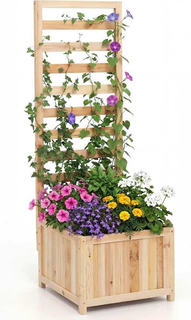 Floreira de jardim elevada de madeira com treliça 42,5 x 40,5 x 123 cm Vaso elevado com orifícios de drenagem e espaços para plantas trepadeiras Flore