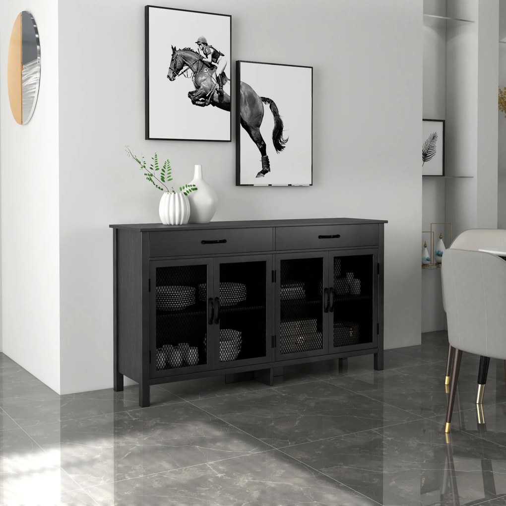 Aparador baixo com 4 portas, prateleiras ajustáveis e 2 gavetas, estilo industrial, 150 x 40 x 85 cm, preto