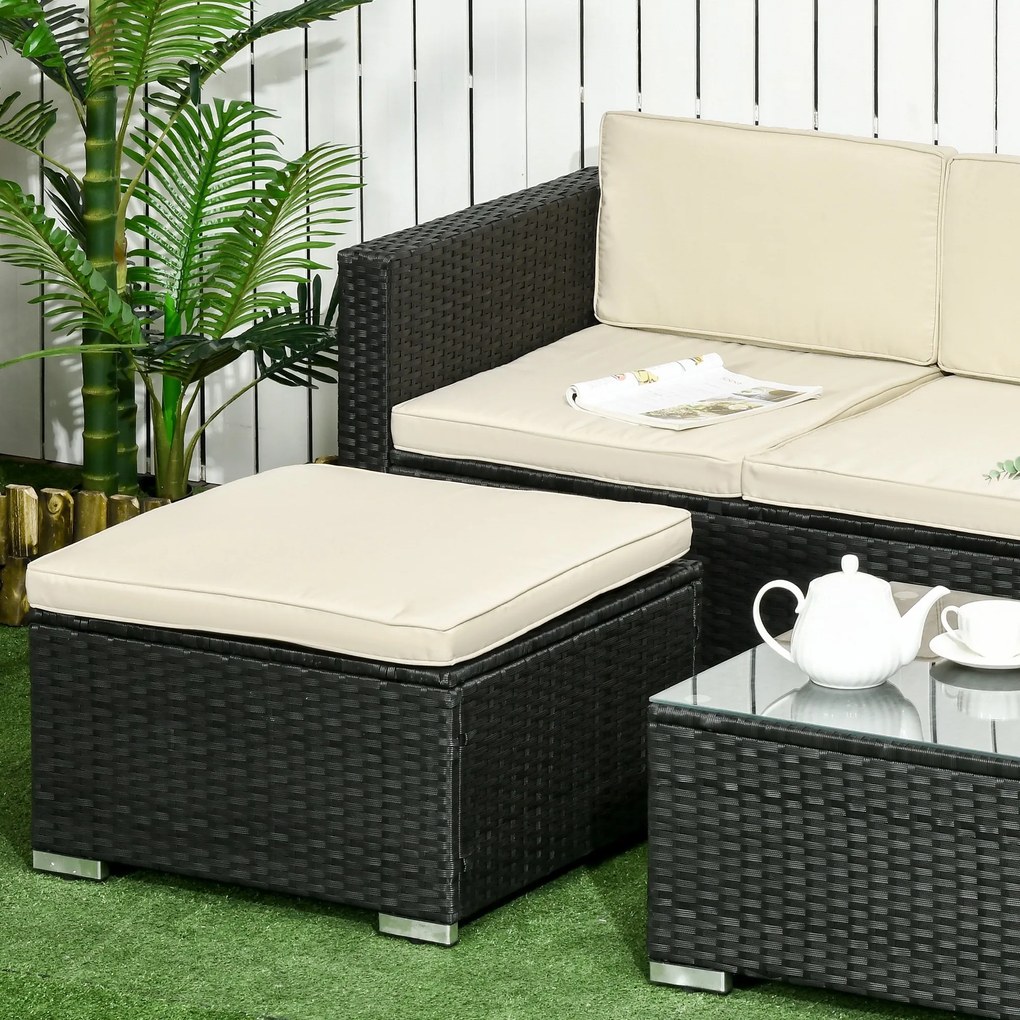 Outsunny Conjunto de Móveis de Vime de Jardim 3 Peças Conjunto de Móveis de Vime Exterior Sofá de 3 Lugares com Almofadas Acolchoadas Mesa de Centro com Bancada de Vidro Temperado e Banco Preto e Bege