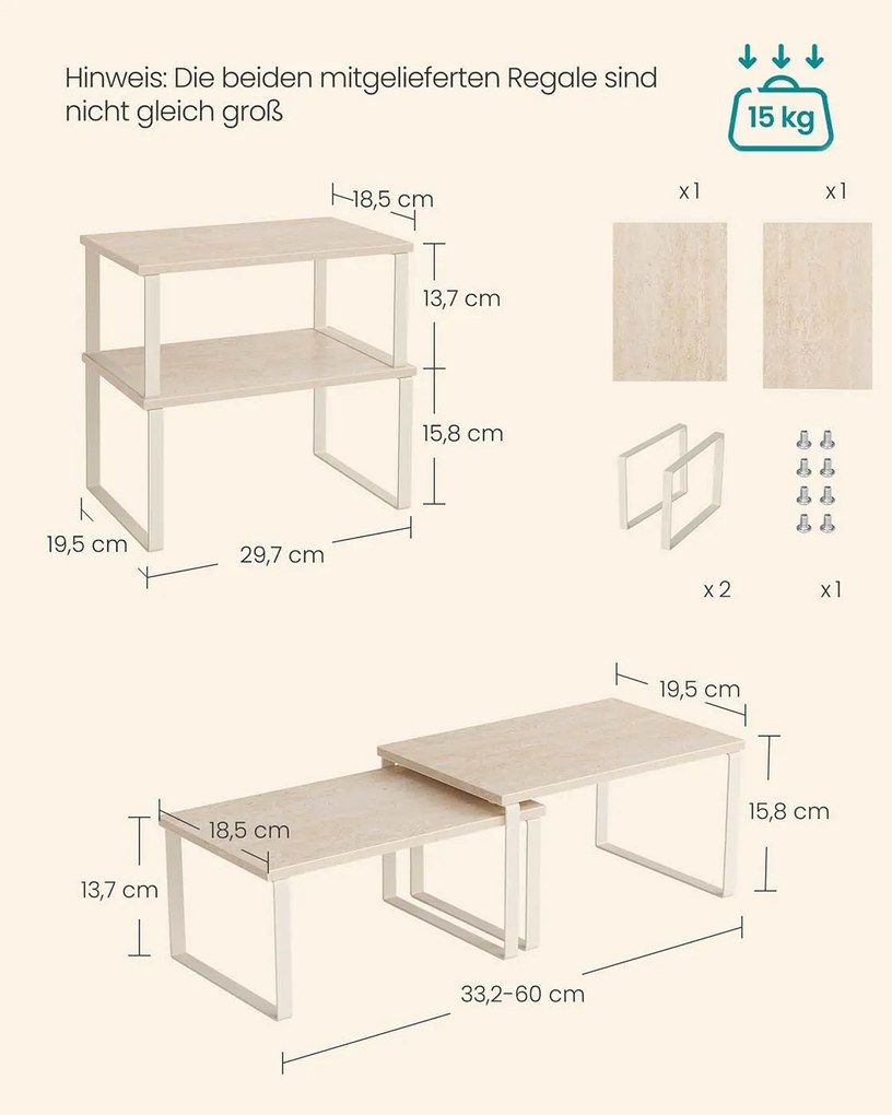 Conjunto de 2 prateleiras para especiarias empilháveis, 29,7 cm de largura, bege