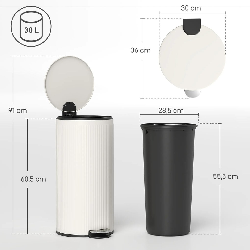 Balde do Lixo para Cozinha com Pedal 30L Cubo de Lixo Metálico com Tampa de Fecho Suave e Balde Removível 36x30x60,5 cm Creme