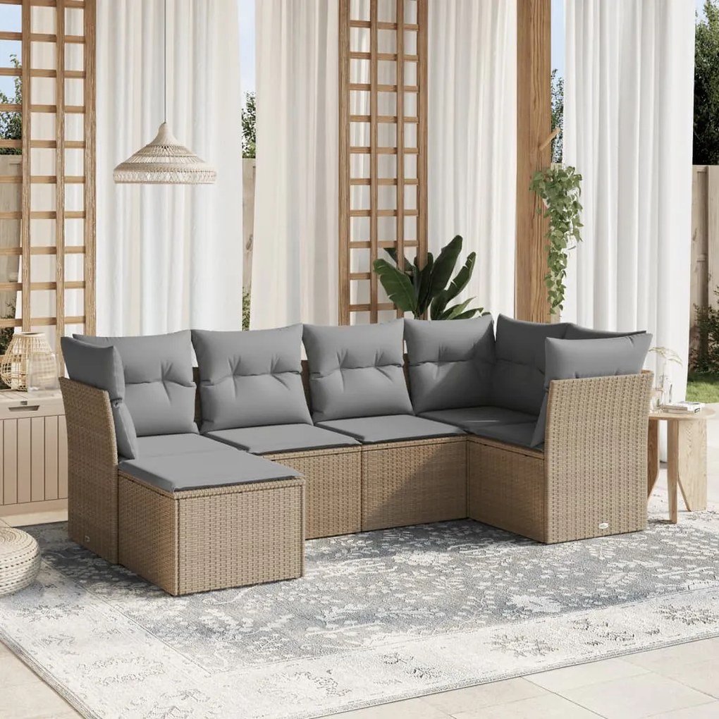 6 pcs conj. sofás jardim c/ almofadões vime PE bege misturado