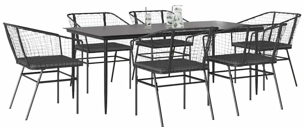 Conjunto de jantar jardim 7 peças almofadas vidro vime PE preto