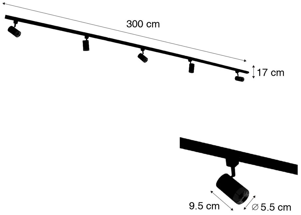 Sistema de calhas de iluminação moderno com 5 focos preto dourado 1-fase - Iconic Jeana