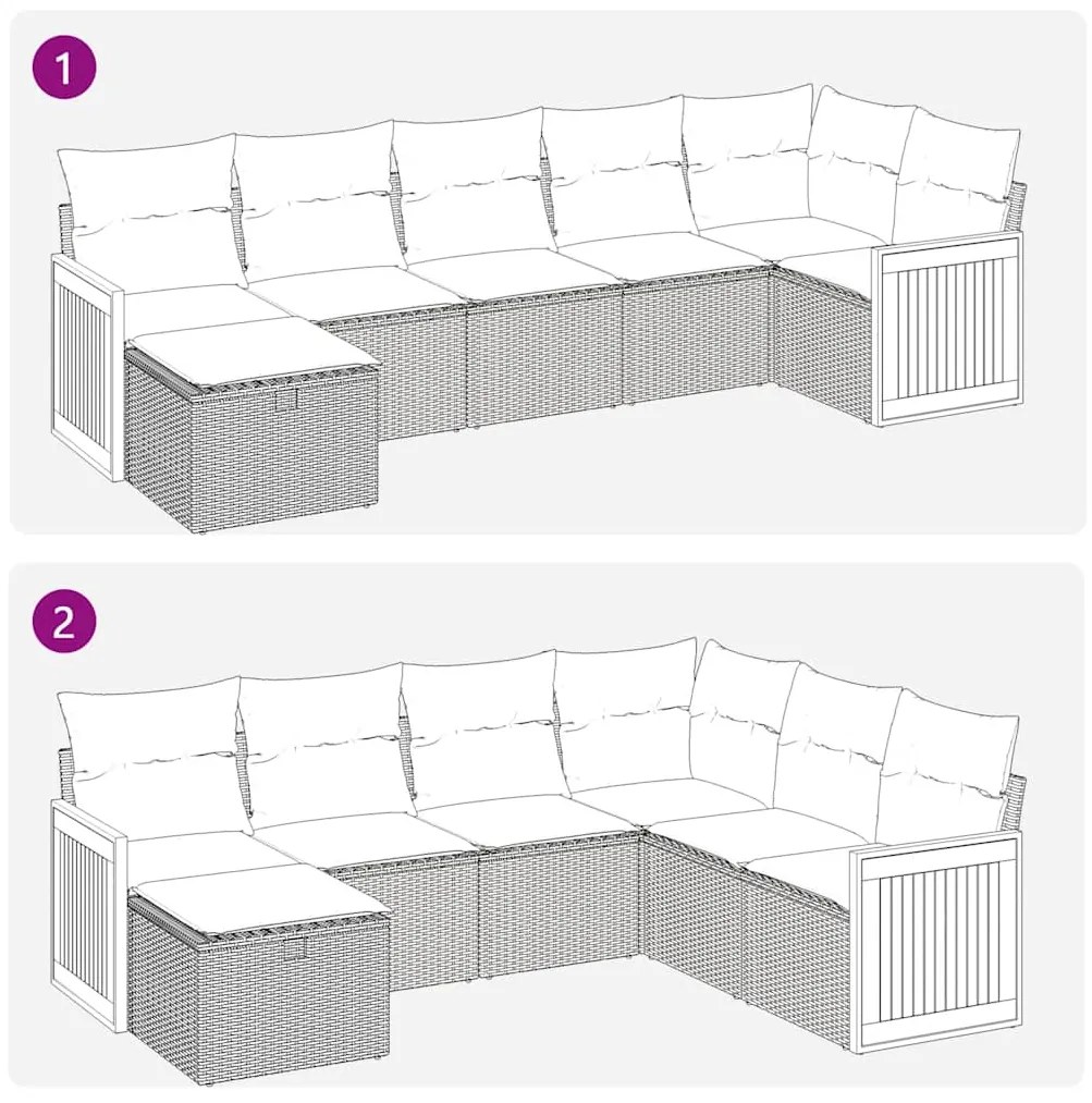 7 pcs conjunto sofás p/ jardim c/ almofadões vime PE cinzento