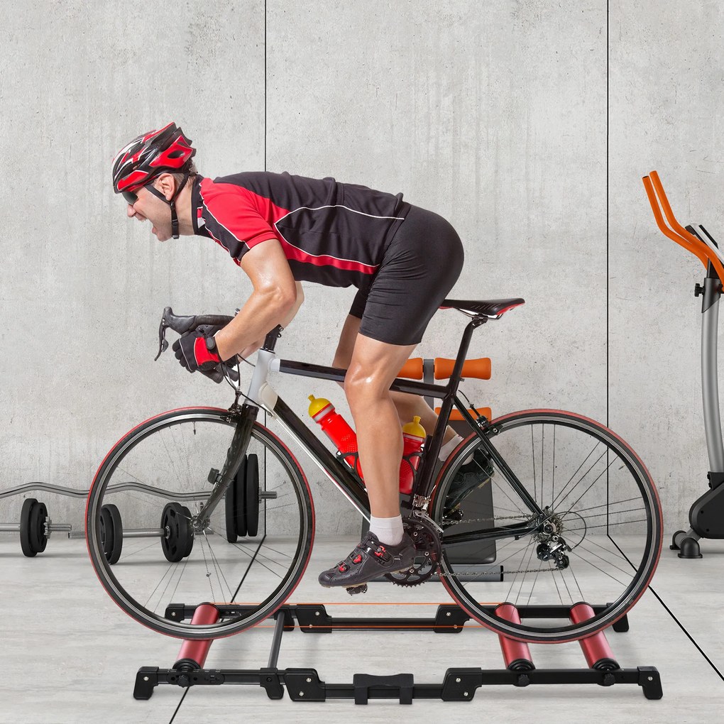 HOMCOM Rolos de bicicleta Treinamento Interno Rolo dobrável ajustável para ciclismo com pedal Esteira transportadora Suporta até 150 kg 146x55x10.5 cm Vermelho e preto