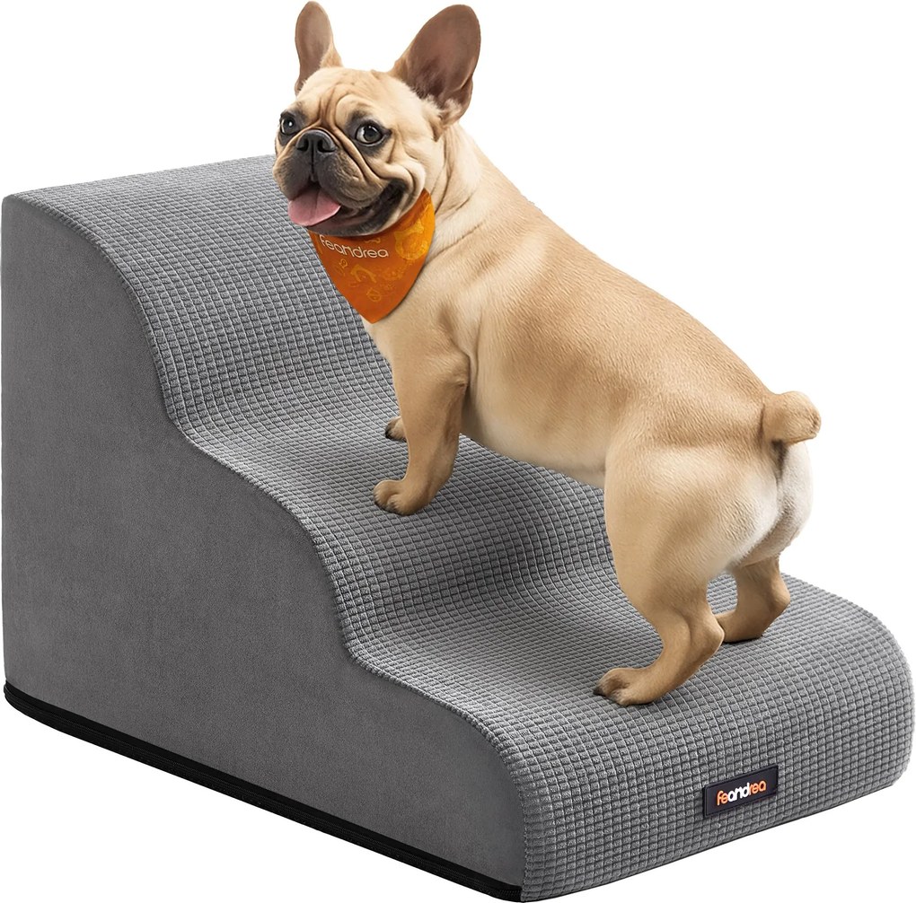 Escada para animais de estimação de espuma lavável 57 x 40 x 40 cm com três degraus, Cinzento