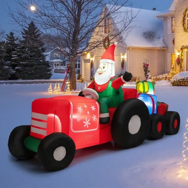 Decoração de Natal insuflável O Pai Natal a conduzir um trator com luzes LED e soprador para festas no interior e no exterior Multicolorido