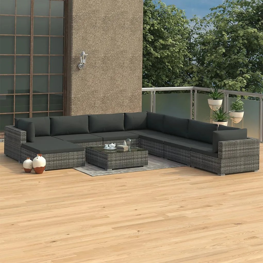 vidaXL 9 pcs conjunto lounge de jardim c/ almofadões vime PE cinzento