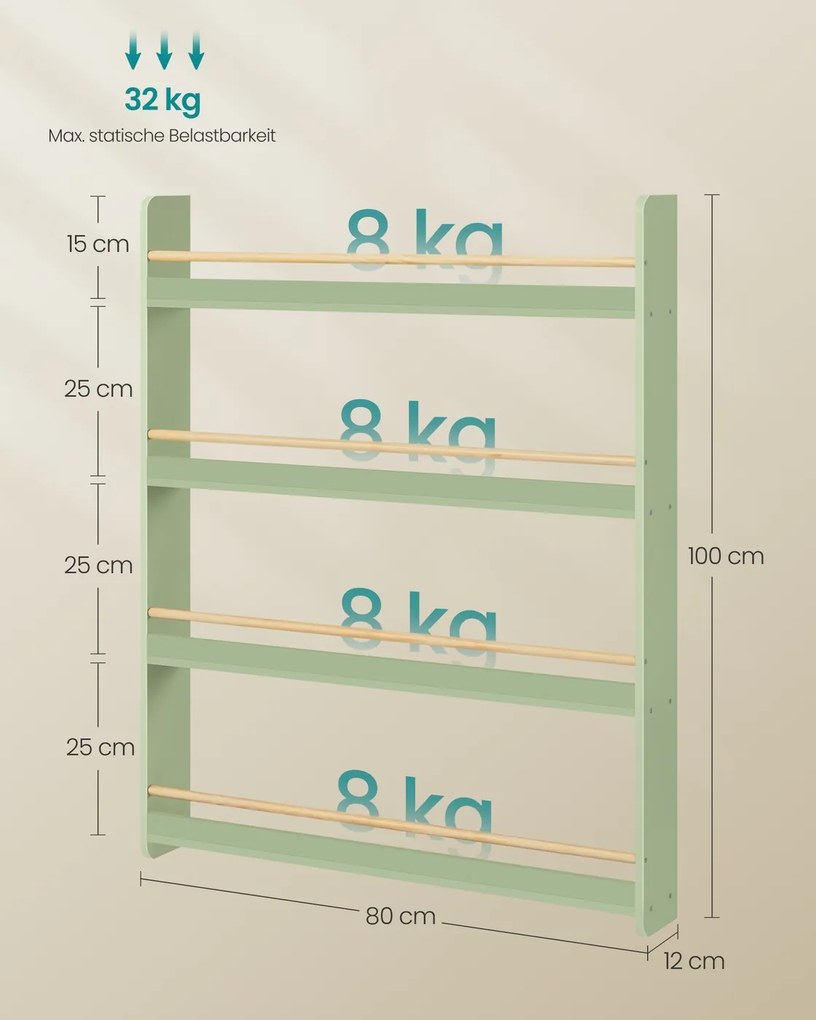 Estante infantil 12 x 80 x 100 cm com 4 níveis para quartos infantis e salas de jogos verde louro-natural