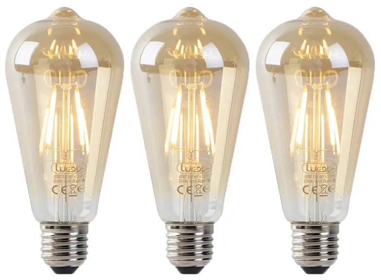 Conjunto de 3 lâmpadas LED E27 ST64 Douradas com sensor crepuscular 4W 400lm 2200K