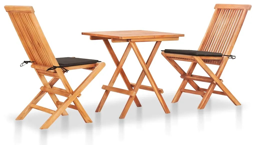 Conjunto bistrô + almofadões cinza-acastanhado 3pcs teca maciça