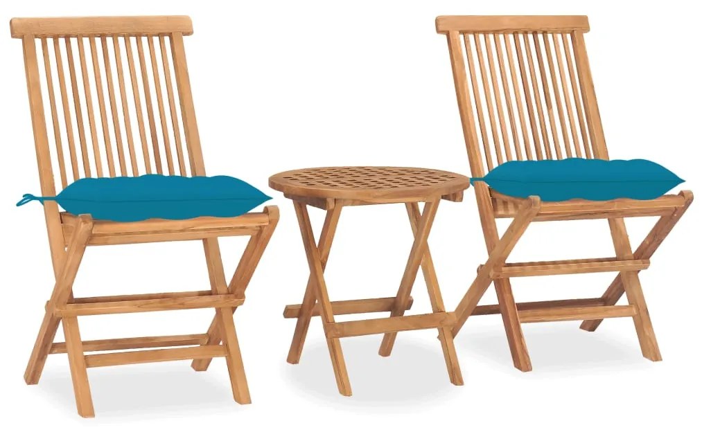 vidaXL 3 pcs conj. jantar dobrável exterior c/ almofadão teca maciça