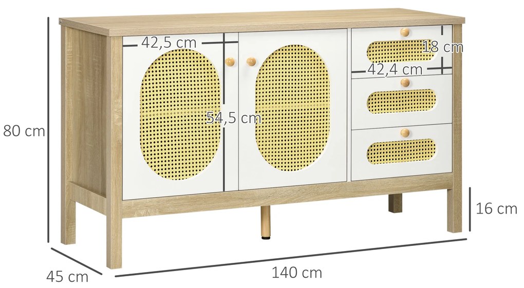 Aparador de Cozinha Buffet para Sala de Estar Armário de Armazenamento com 3 Gavetas 2 Portas de Malha e Prateleira Ajustável para Sala de Jantar 140x