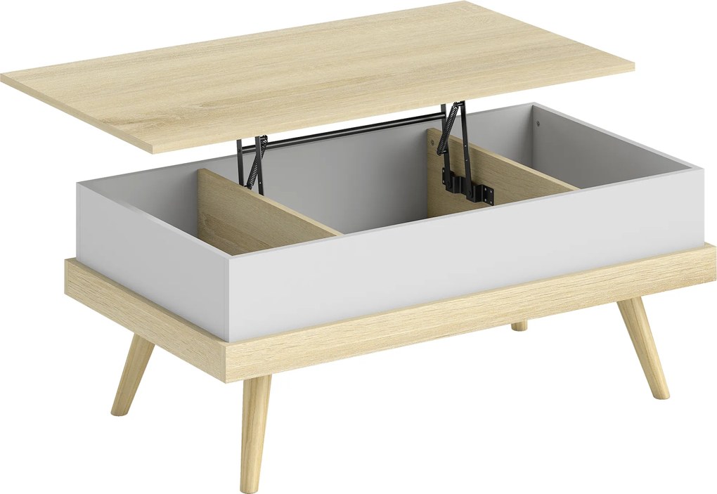 HOMCOM Mesa de Centro Elevatória com 3 Compartimentos de Armazenamento Ocultos e Pés de Madeira 100x79x54 cm Madeira e Branco | Aosom Portugal