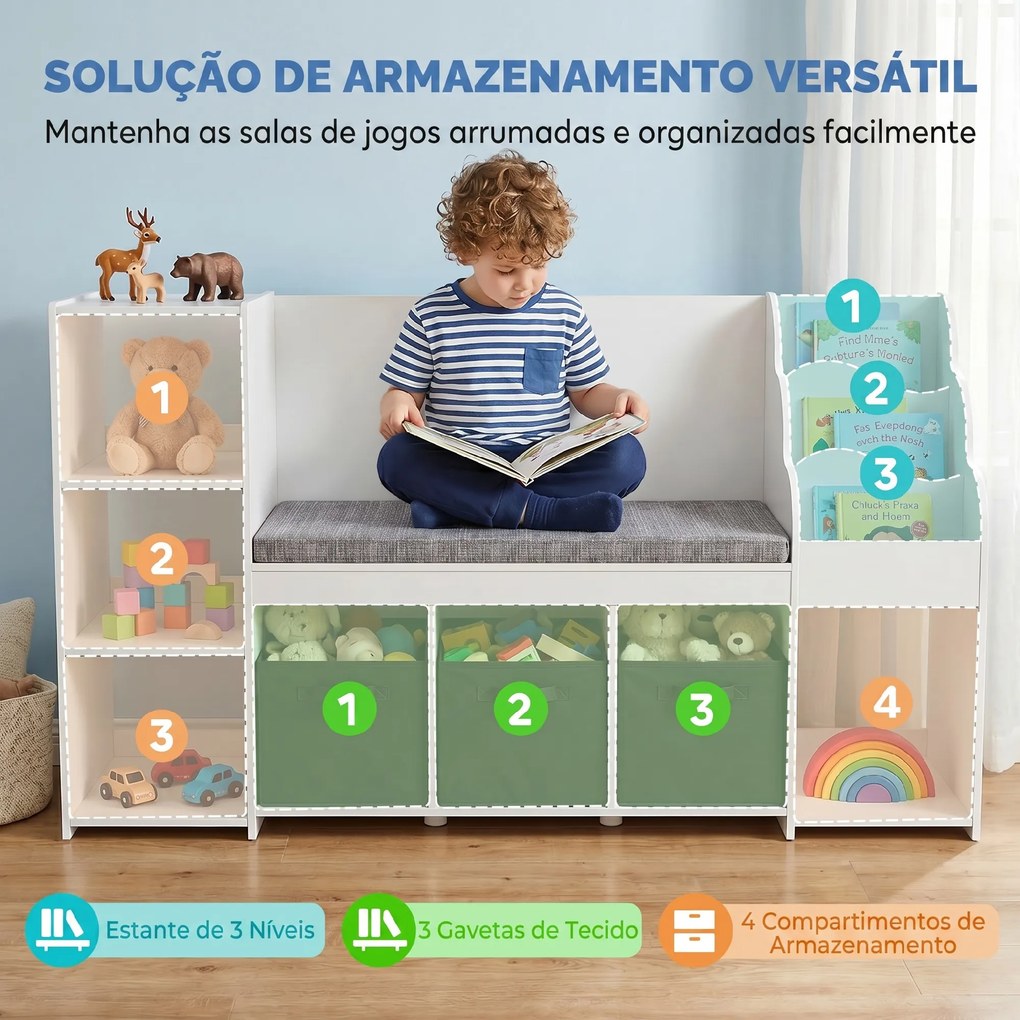 Estante Infantil para Brinquedos com Canto de Leitura Almofada 3 Gavetas de Tecido 3 Prateleiras 4 Compartimentos 137x40x80 cm Branco