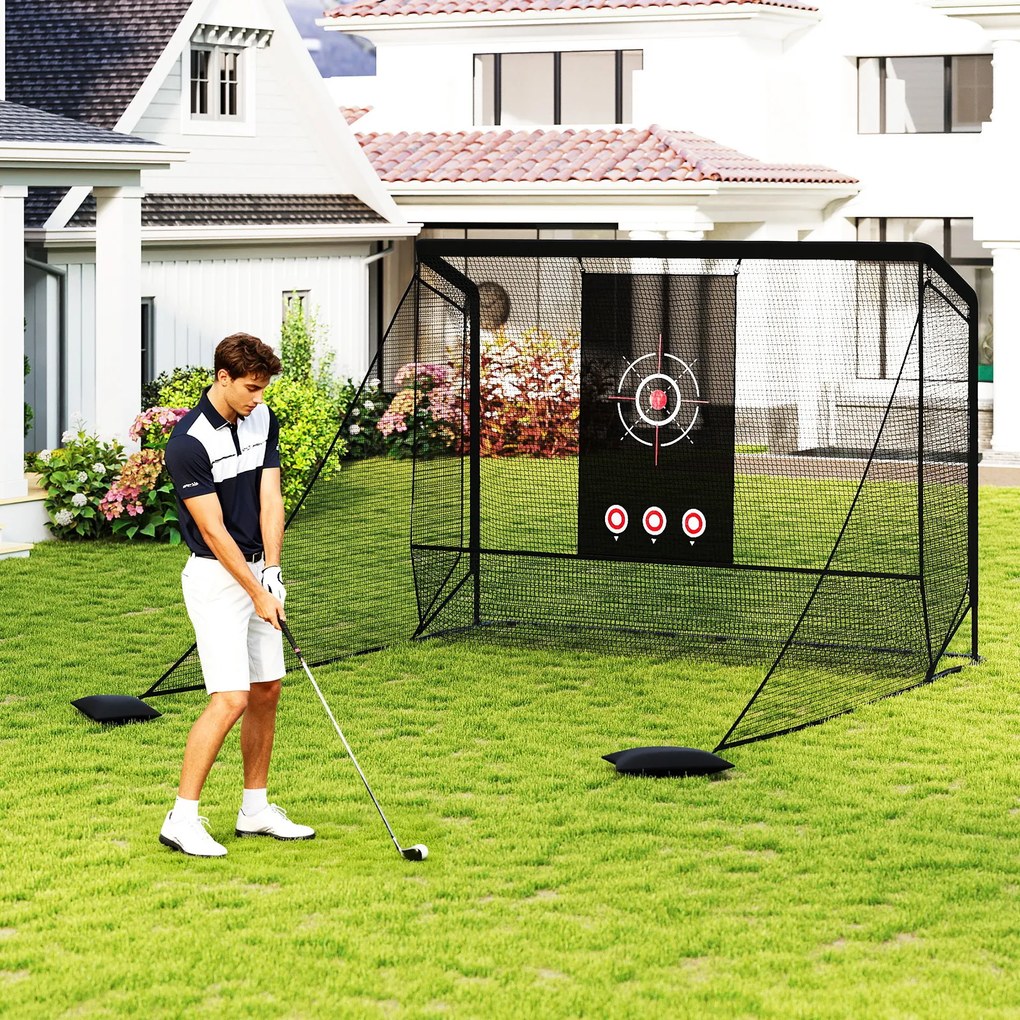 Rede de treino de golfe com redes laterais amovíveis, tecido branco e saco de transporte portátil para uso interior e exterior, 305 x 326 x 225 cm