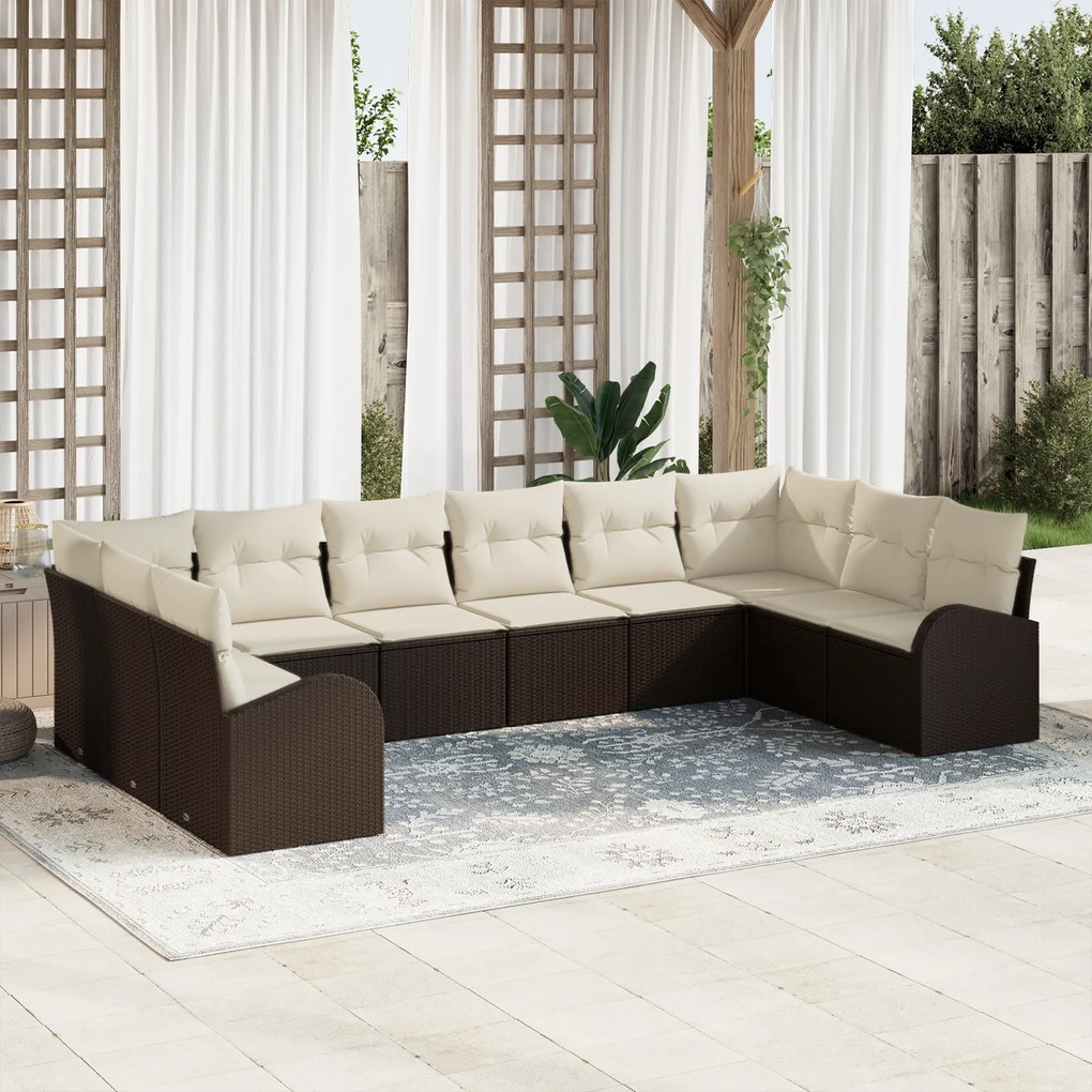 Conjunto de Sofá de Jardim vidaXL com 10 Peças e Almofadas Castanho Po