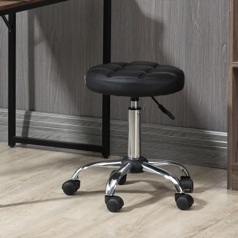 Banco Giratório com Rodas Altura Ajustável entre 48-63cm Banco de Trabalho Estofado em Couro PU para Salão Dentista Diâmetro Ø35,5cm Preto
