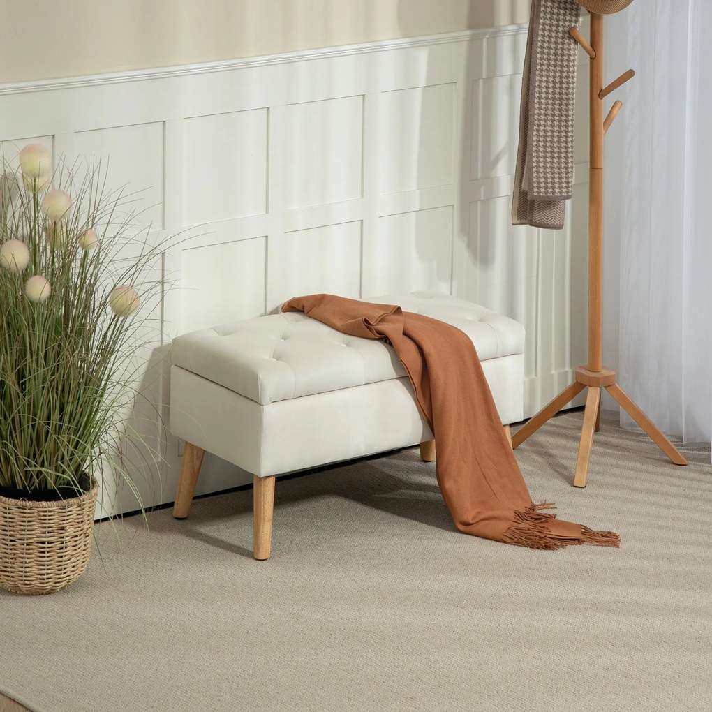 Banco com arrumação, baú de arrumação em tecido com efeito veludo 80 x 35 x 42 cm, pés em madeira creme