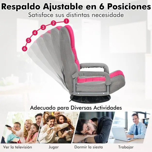 Sofá-cadeira rebatível ajustável em 6 posições com base giratória de 360° para ler e relaxar 61-87 x 55 x 75 cm Rosa