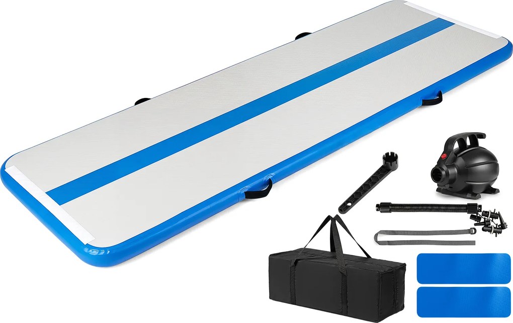 Colchão de ginástica insuflável com bomba elétrica 297 x 98 x 11 cm, saco de transporte e remendo de reparação portátil para fitness e ioga, azul