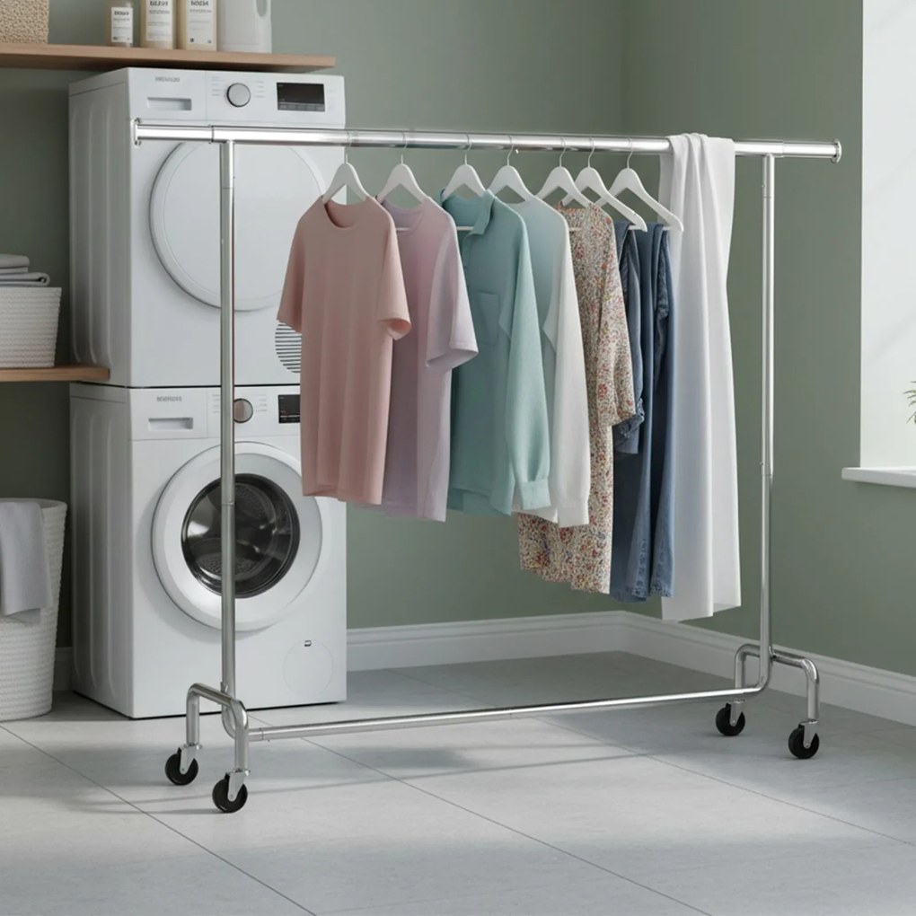 Cabide guarda roupa com rodas 45 x (160-200) x 162,9 cm, barra extensível, capacidade de carga até 110 kg prateado