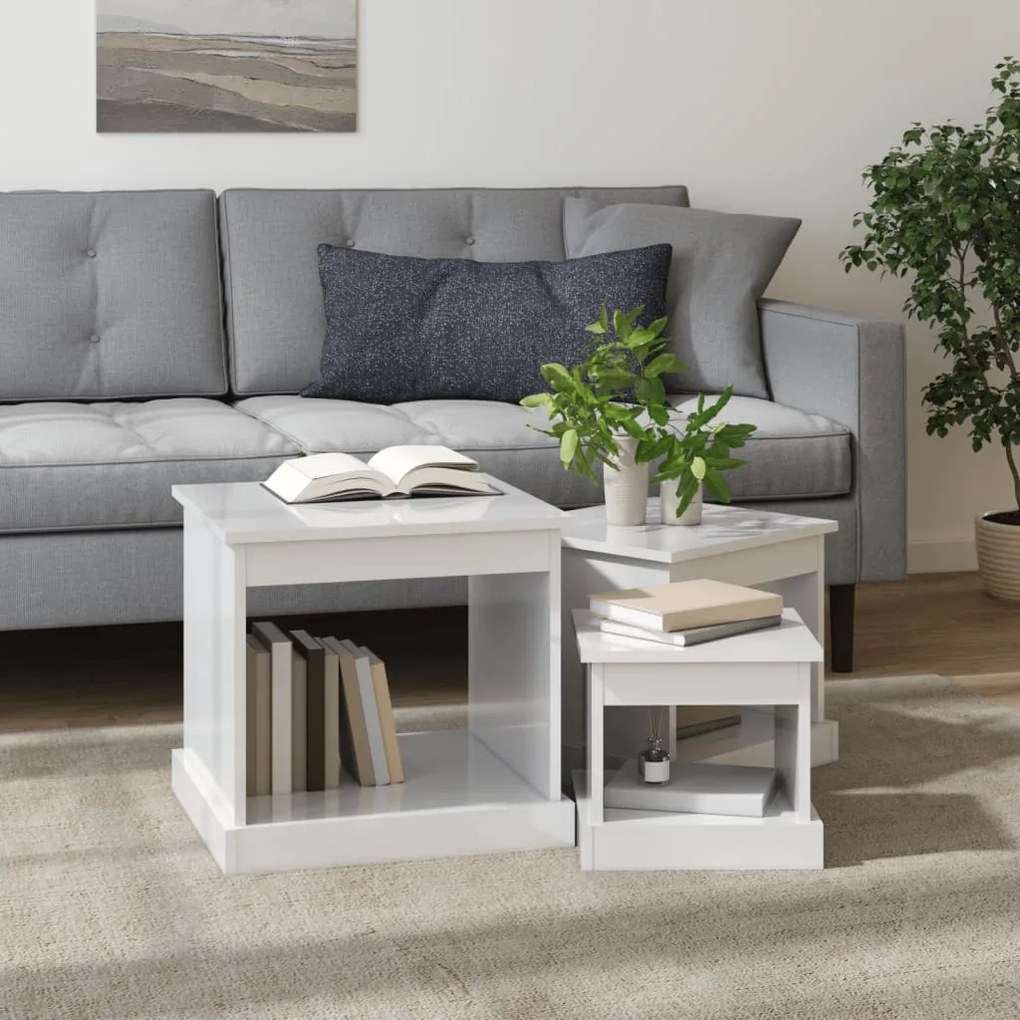 Mesas de centro 3 pcs derivados de madeira branco brilhante