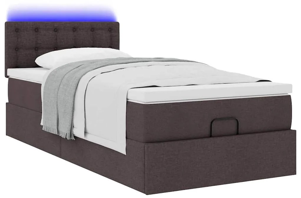 Cama otomana com colchão & LEDs 90x200cm tecido castanho escuro
