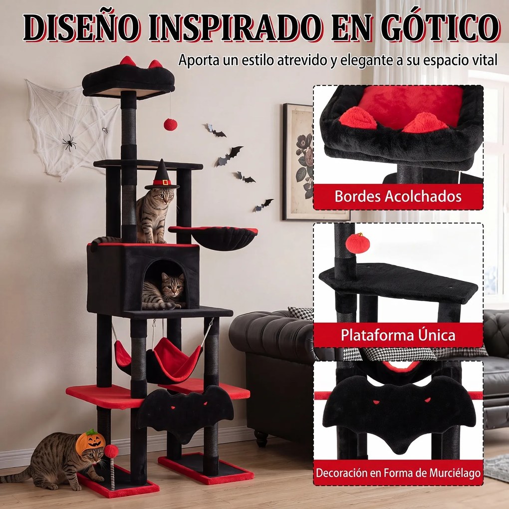 Árvore Rascadora Gótica para Gatos, 73 x 50 x 178 cm, 6 Postes de Sisal, Vermelho+Preto