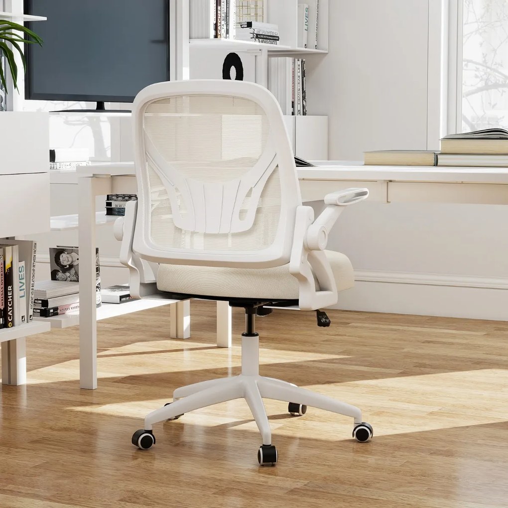 Cadeira de escritório ergonómica com apoio lombar integrado, apoios de braços rebatíveis, rodas universais, altura ajustável, bege
