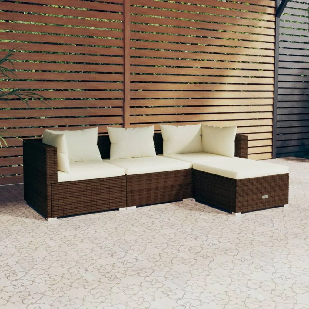 4 pcs conjunto lounge jardim c/ almofadões vime PE castanho