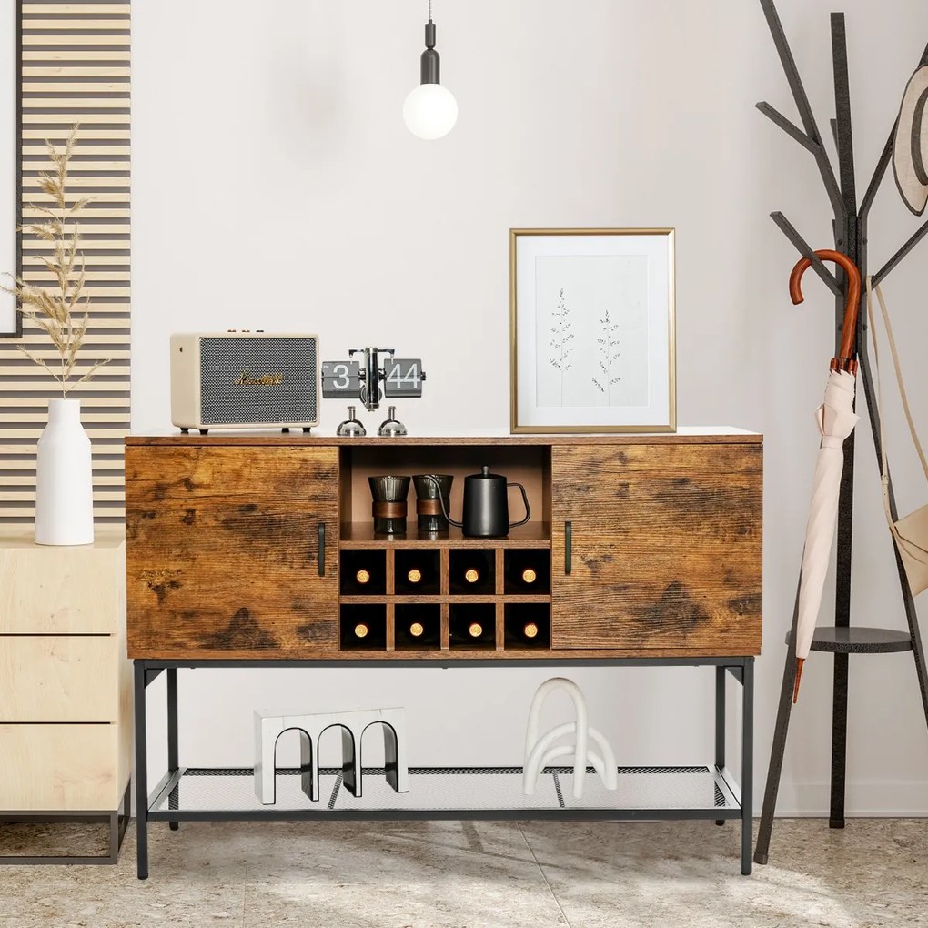 Aparador Buffet Industrial com Porta Vinho Prateleira de Malha 2 Armários com Portas para Corredor da Sala 122 x 41 x 85 cm Castanho