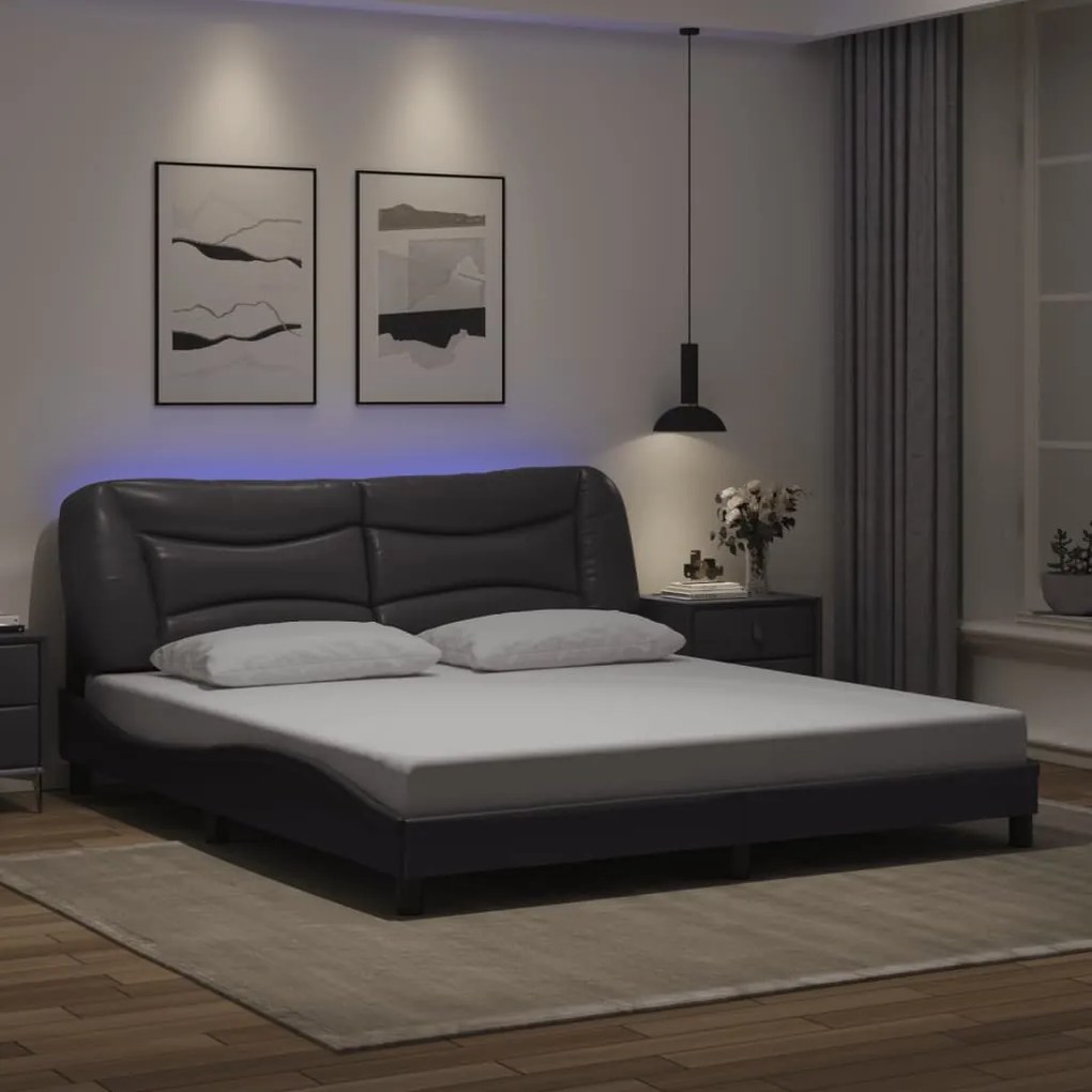 Estrutura de cama c/ luzes LED 180x200cm couro artificial cinza