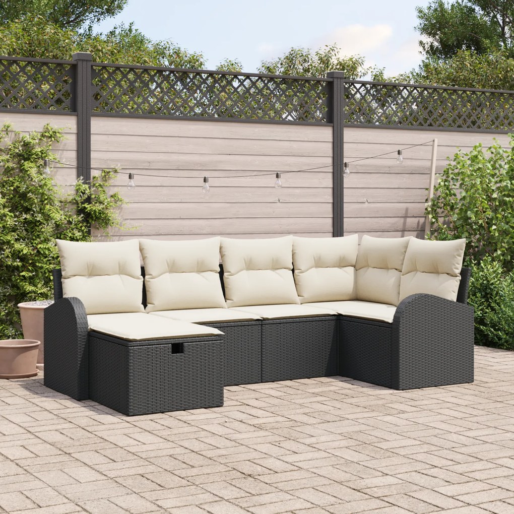 Conjunto de Sofás de Jardim de 6 Peças com Almofadas Rattan Preto, Sof