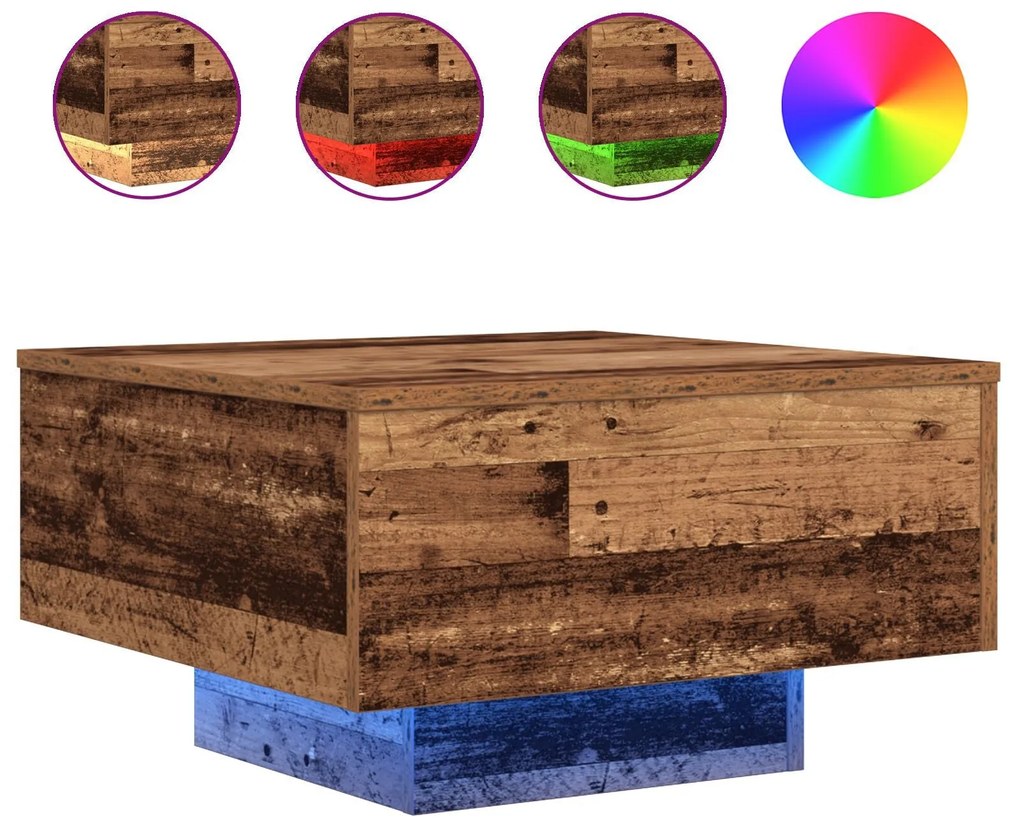 Mesa de centro vidaXL com luzes LED em madeira velha 55x55x31 cm
