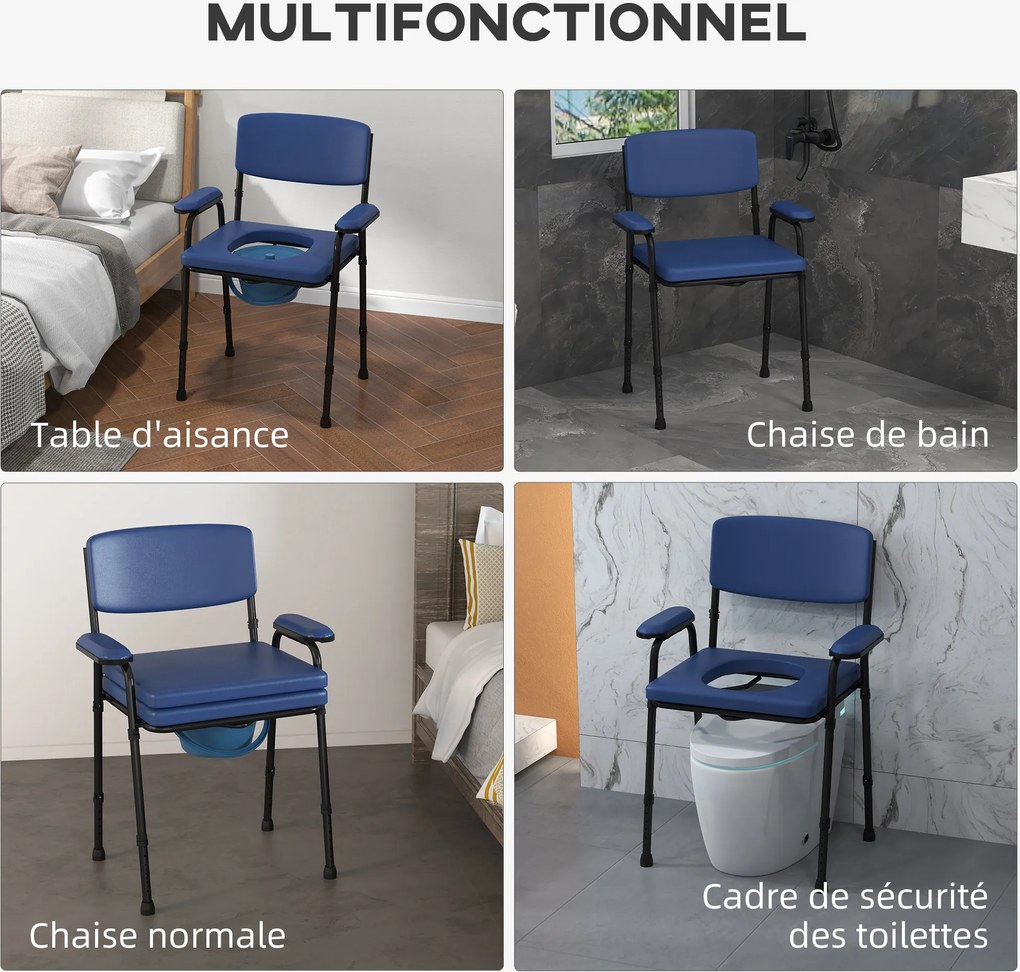 Cadeira sanitária multifunções com balde removível, altura ajustável, encosto, assento e braços almofadados, azul