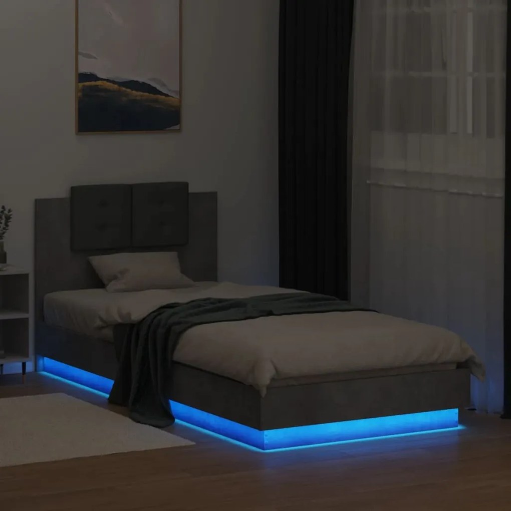 Estrutura de cama c/ cabeceira/luzes LED 90x200cm cinza cimento