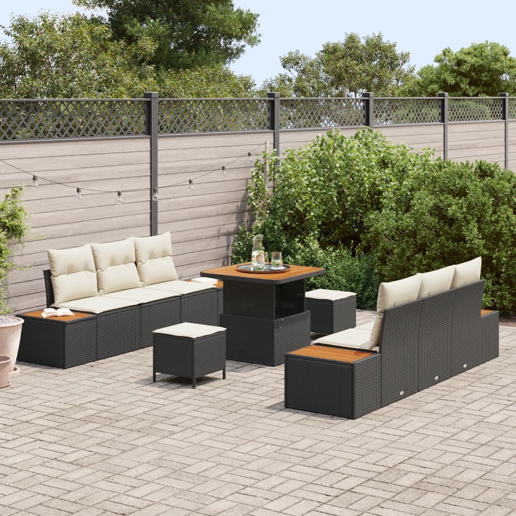 Conjunto de Sofá de Jardim vidaXL 9 Peças com Almofadas Preto Poliratt