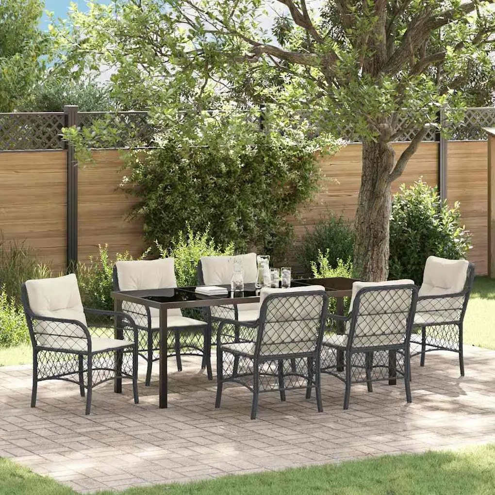 vidaXL Conjunto de Jantar de Jardim com 7 Peças e Almofadas - Preto, em Rattan e Poliéster